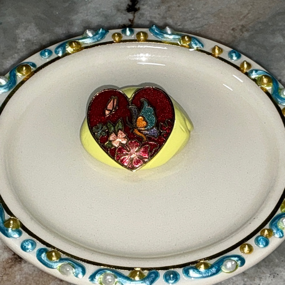 Vintage Gold Tone Enamel Cloisonne Butterfly Heart Brooch Pin